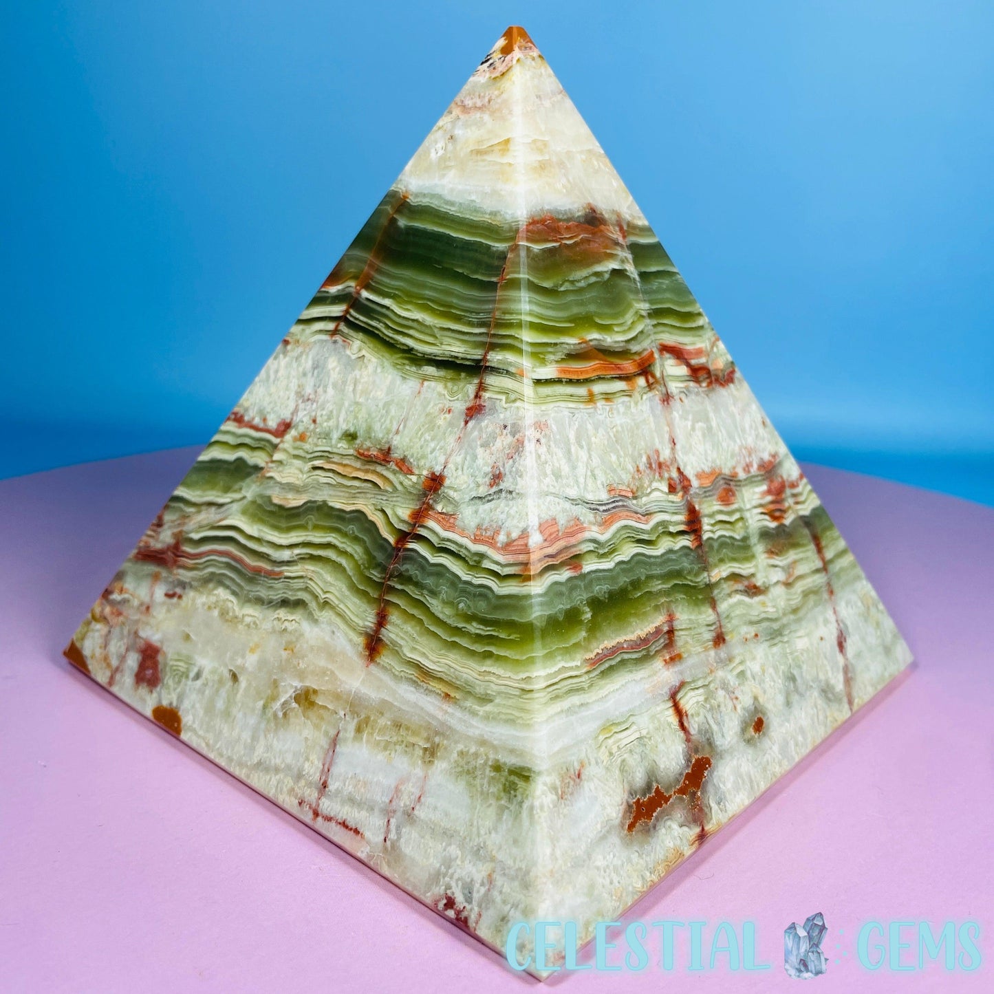 Banded Onyx Calcite Pyramid Carving - Large