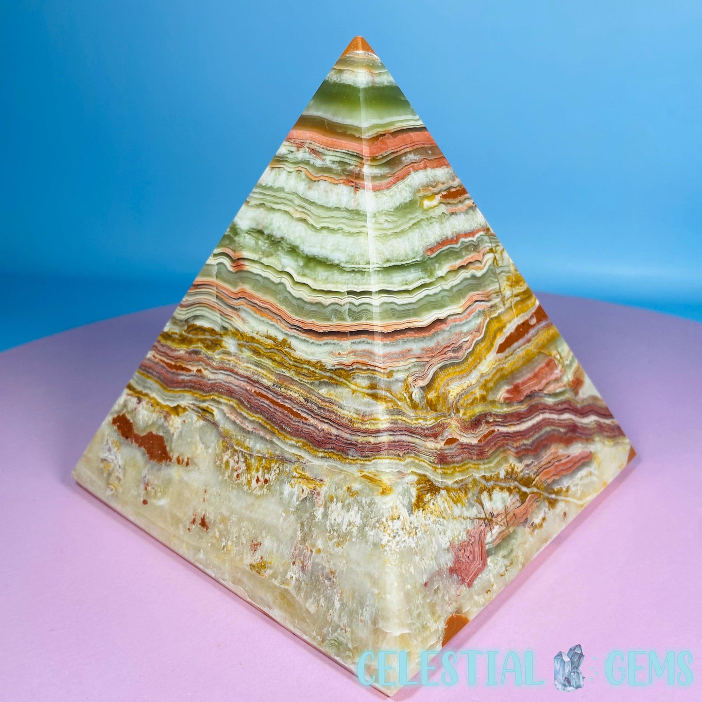 Banded Onyx Calcite Pyramid Carving - Large