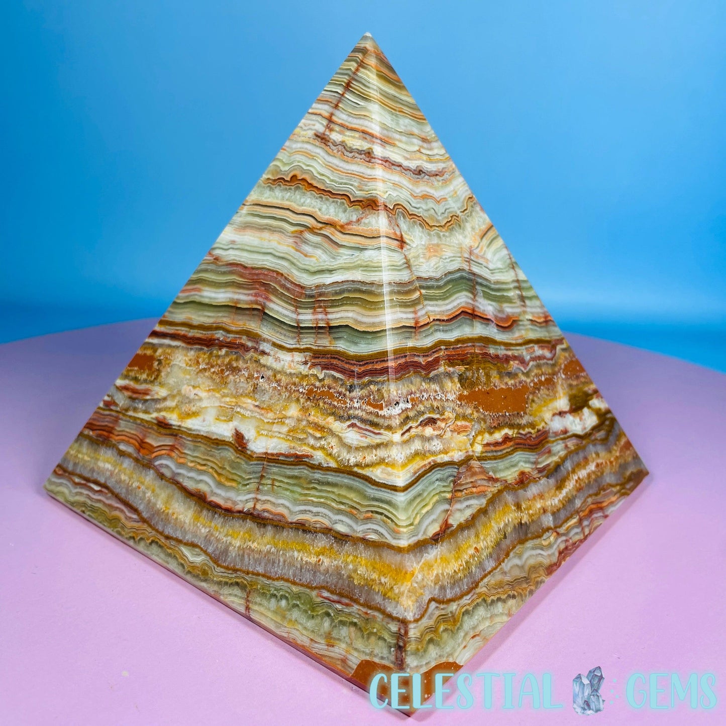 Banded Onyx Calcite Pyramid Carving - Large