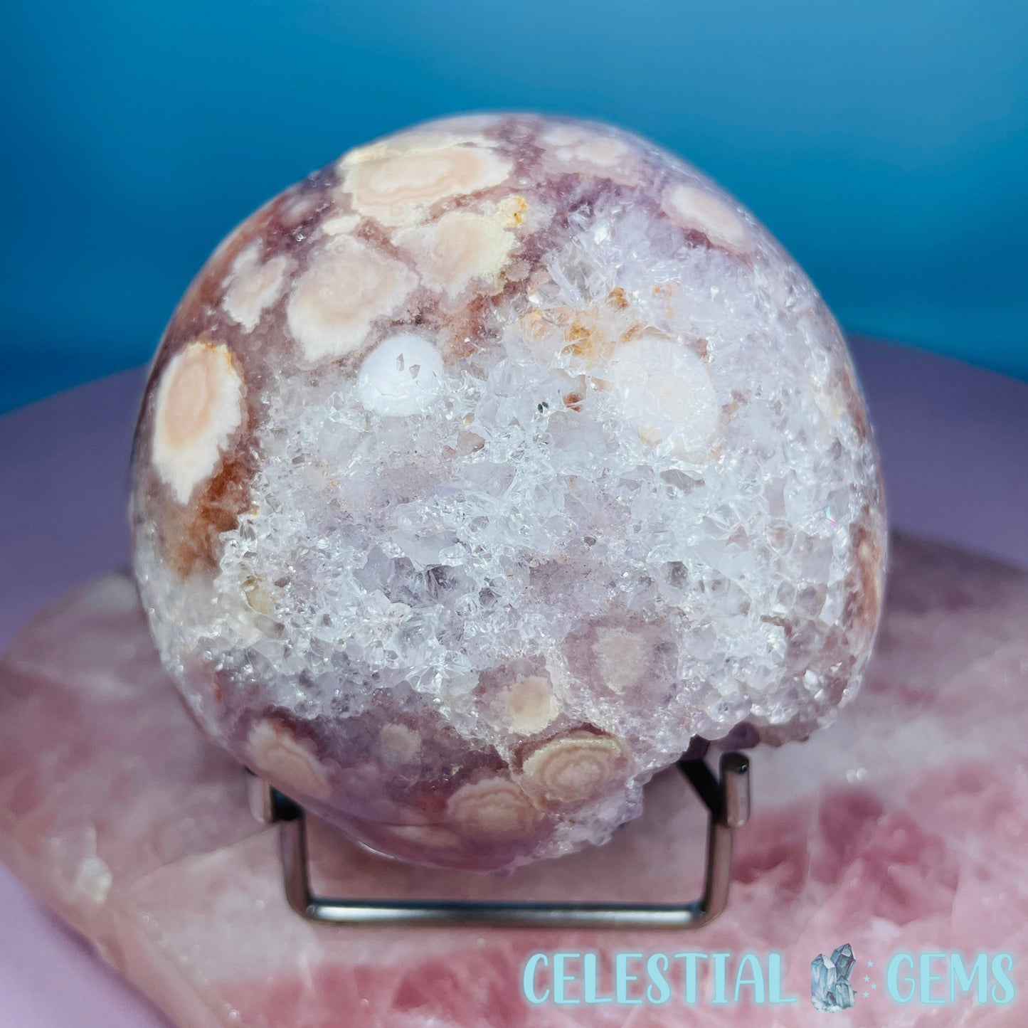 Amethyst + Pink Flower Agate Cluster Semi-Polished Sphere