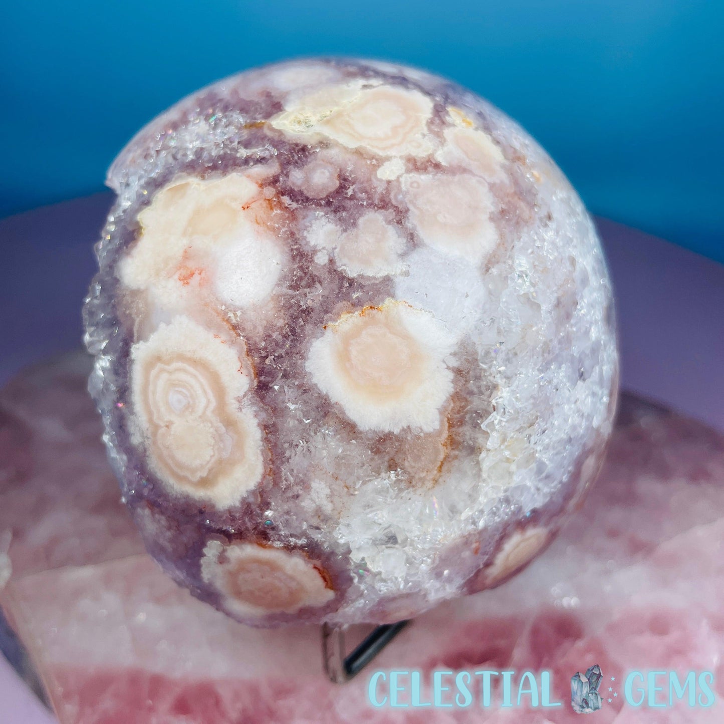 Amethyst + Pink Flower Agate Cluster Semi-Polished Sphere
