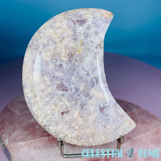 Amethyst + Pink Flower Agate Crescent Moon Medium Carving