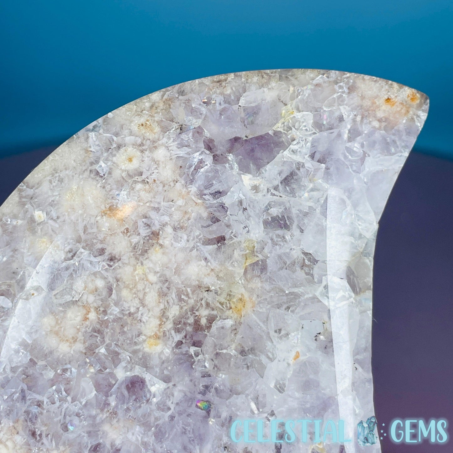 Amethyst + Pink Flower Agate Crescent Moon Medium Carving