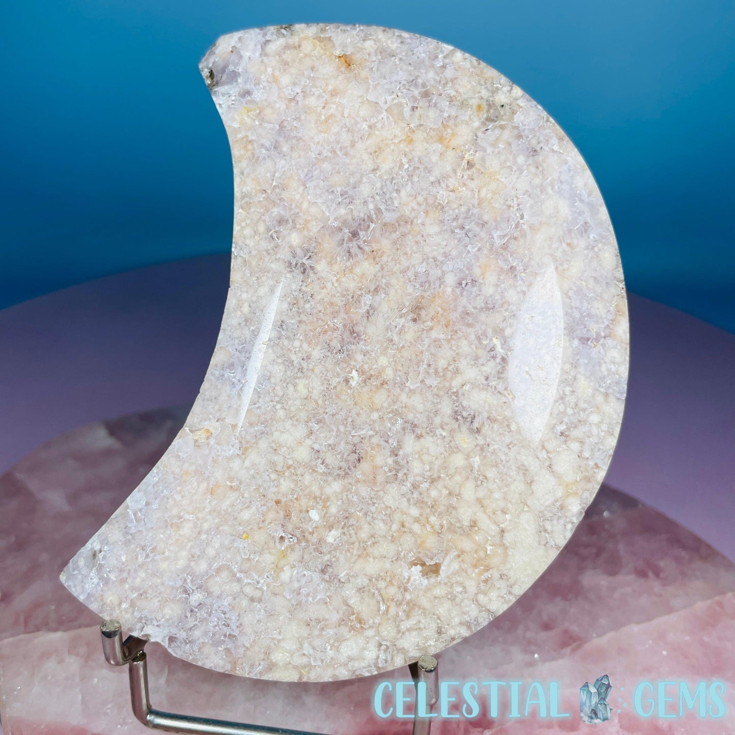 Amethyst + Pink Flower Agate Crescent Moon Medium Carving