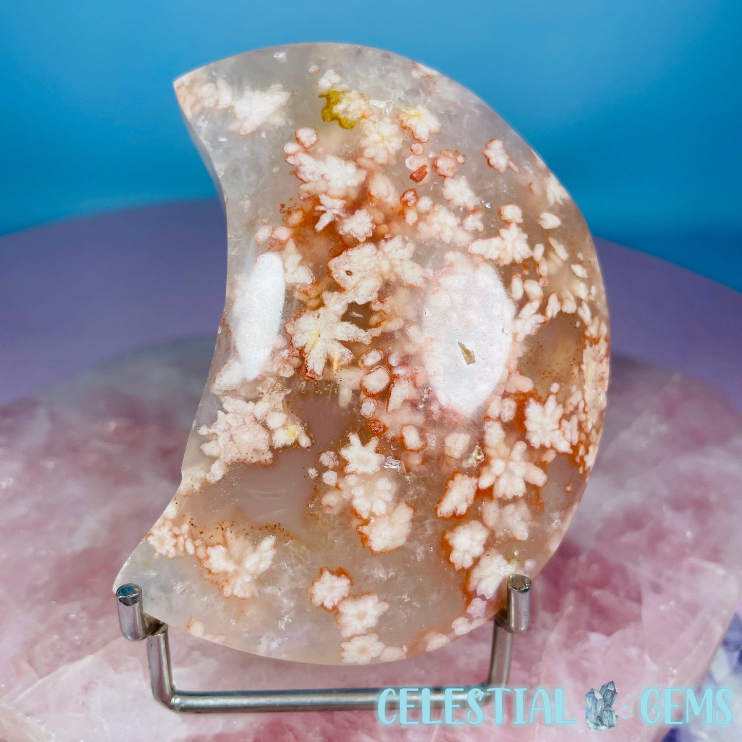 Flower Agate + Quartz Crescent Moon Medium Carving