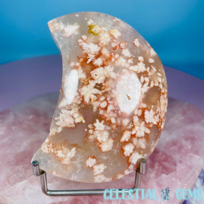 Flower Agate + Quartz Crescent Moon Medium Carving