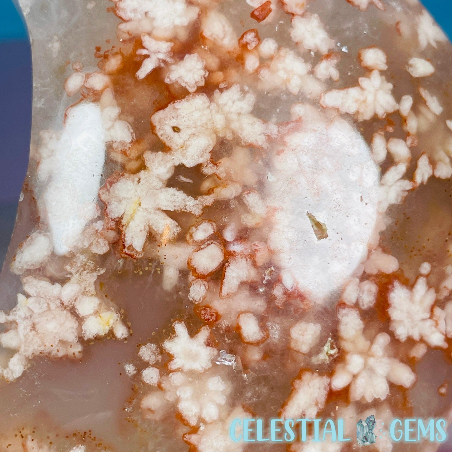 Flower Agate + Quartz Crescent Moon Medium Carving