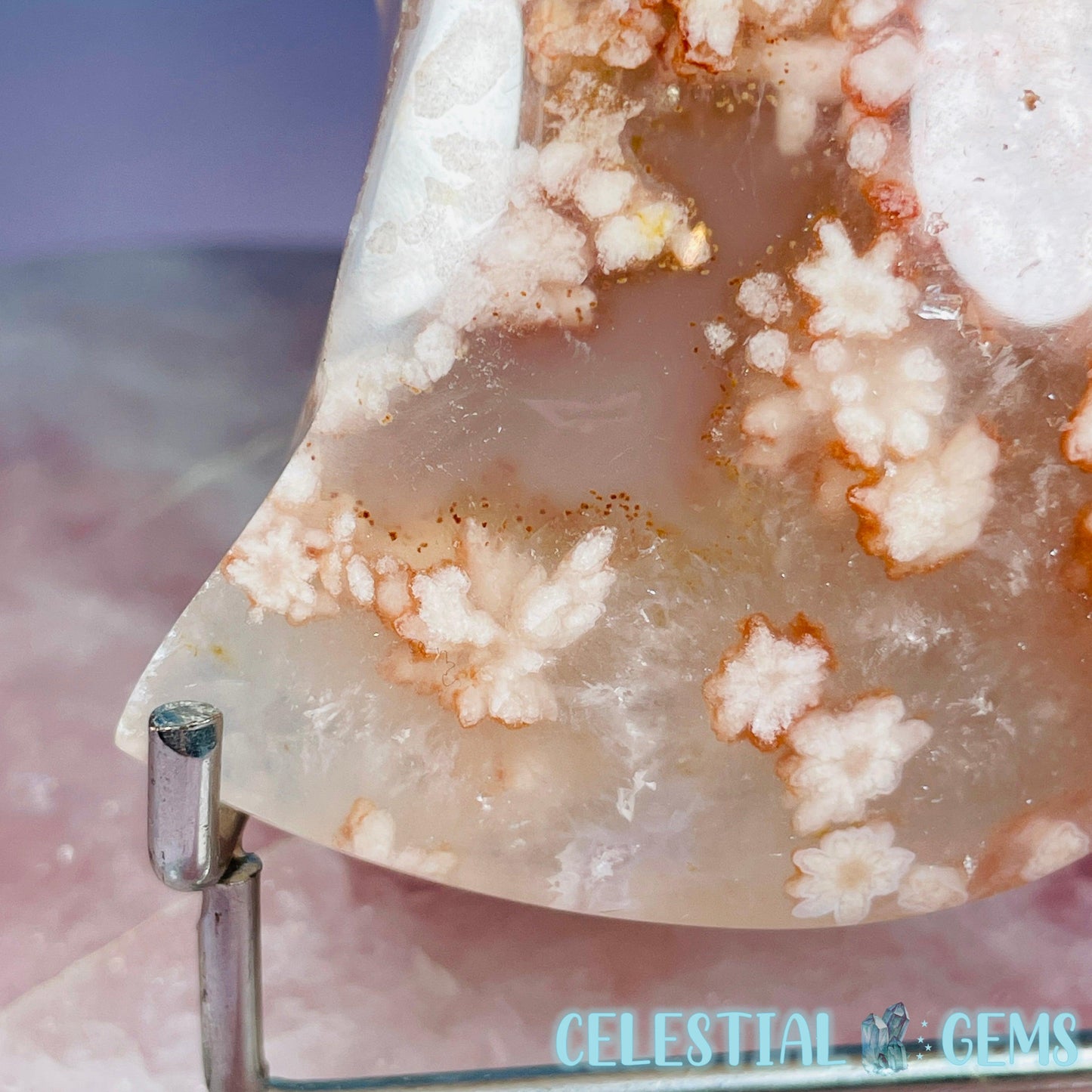 Flower Agate + Quartz Crescent Moon Medium Carving