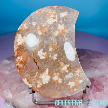 Flower Agate + Quartz Crescent Moon Medium Carving