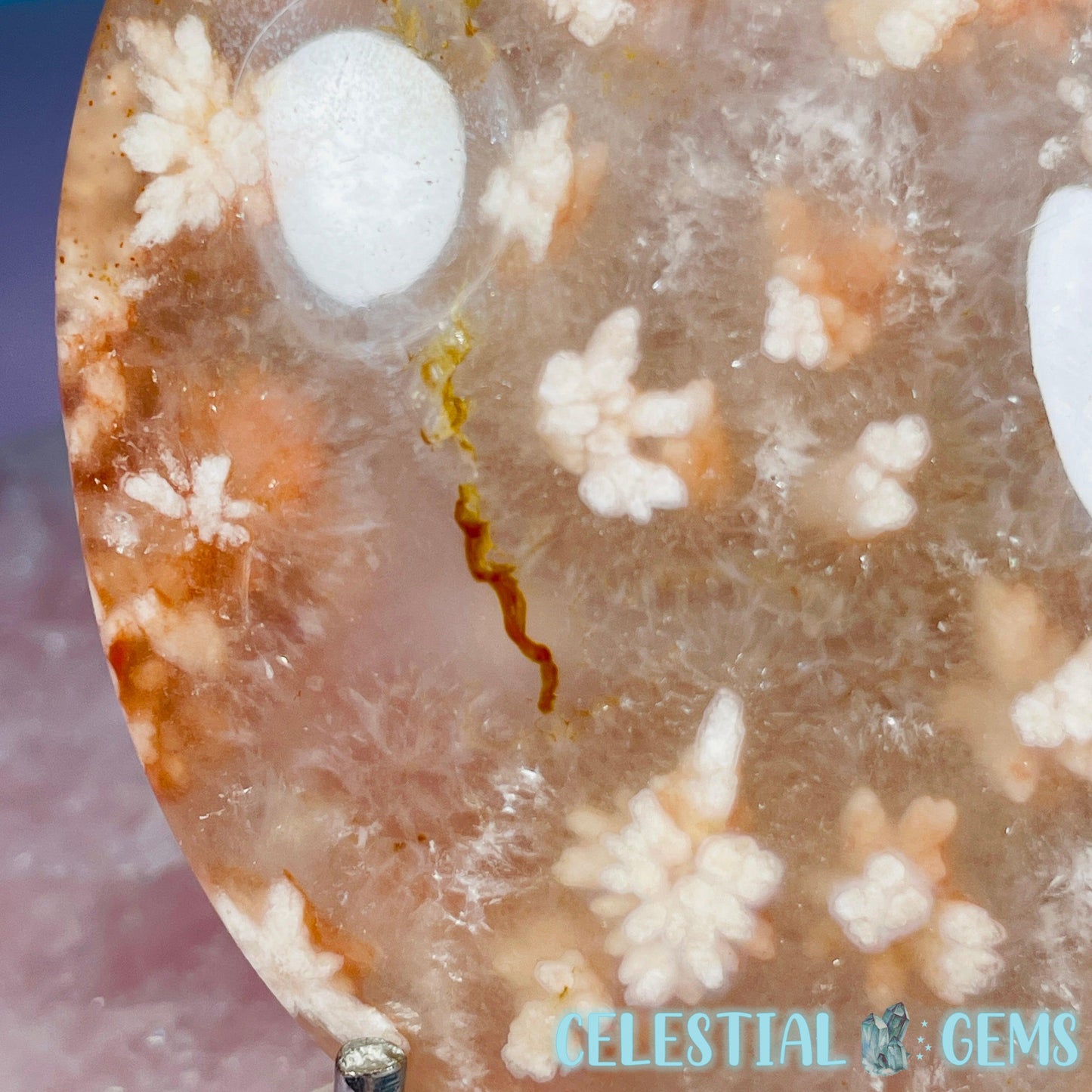 Flower Agate + Quartz Crescent Moon Medium Carving