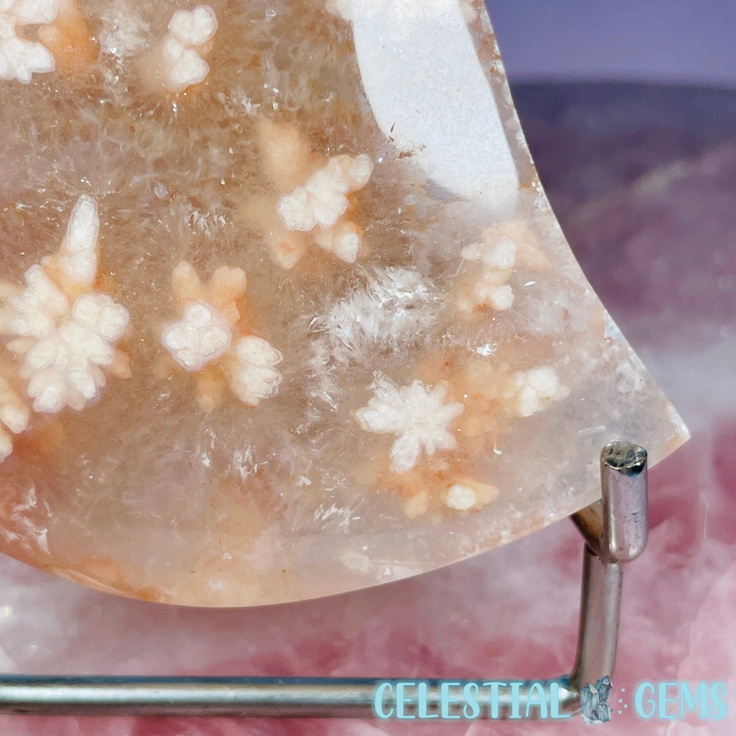 Flower Agate + Quartz Crescent Moon Medium Carving