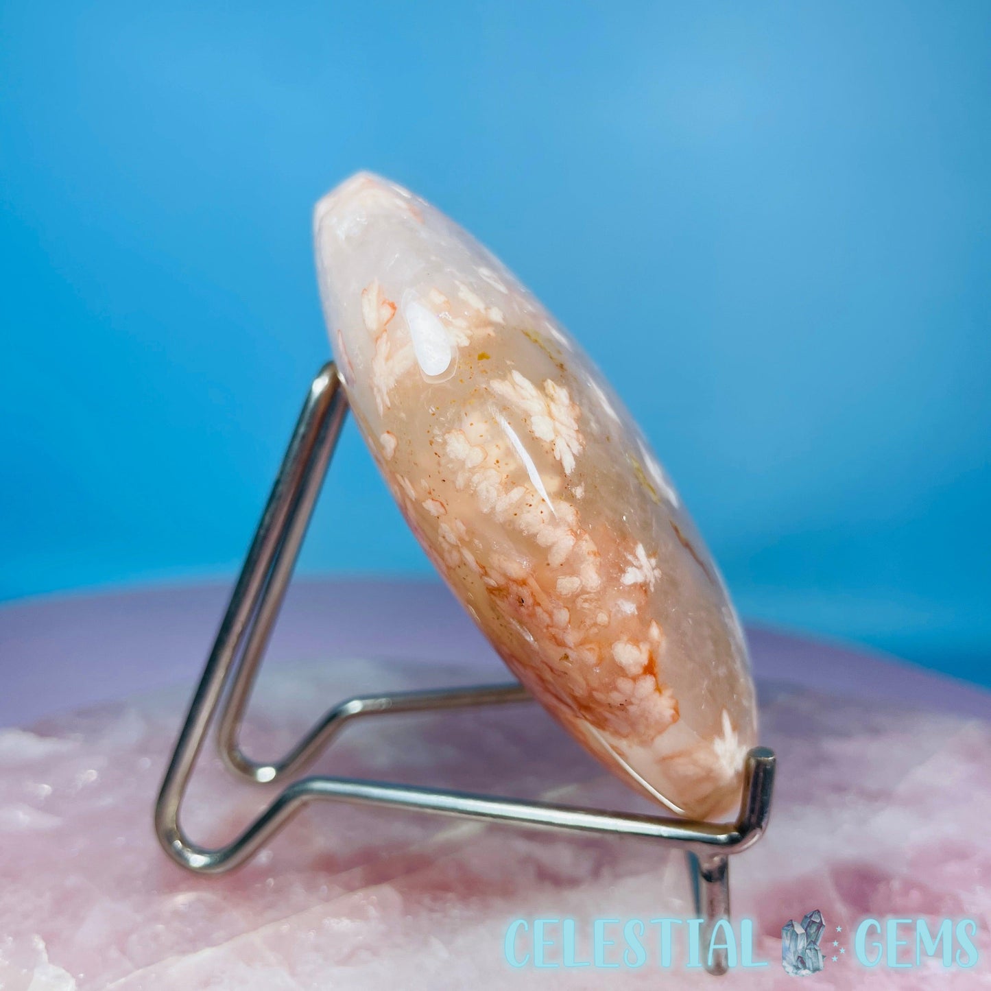 Flower Agate + Quartz Crescent Moon Medium Carving