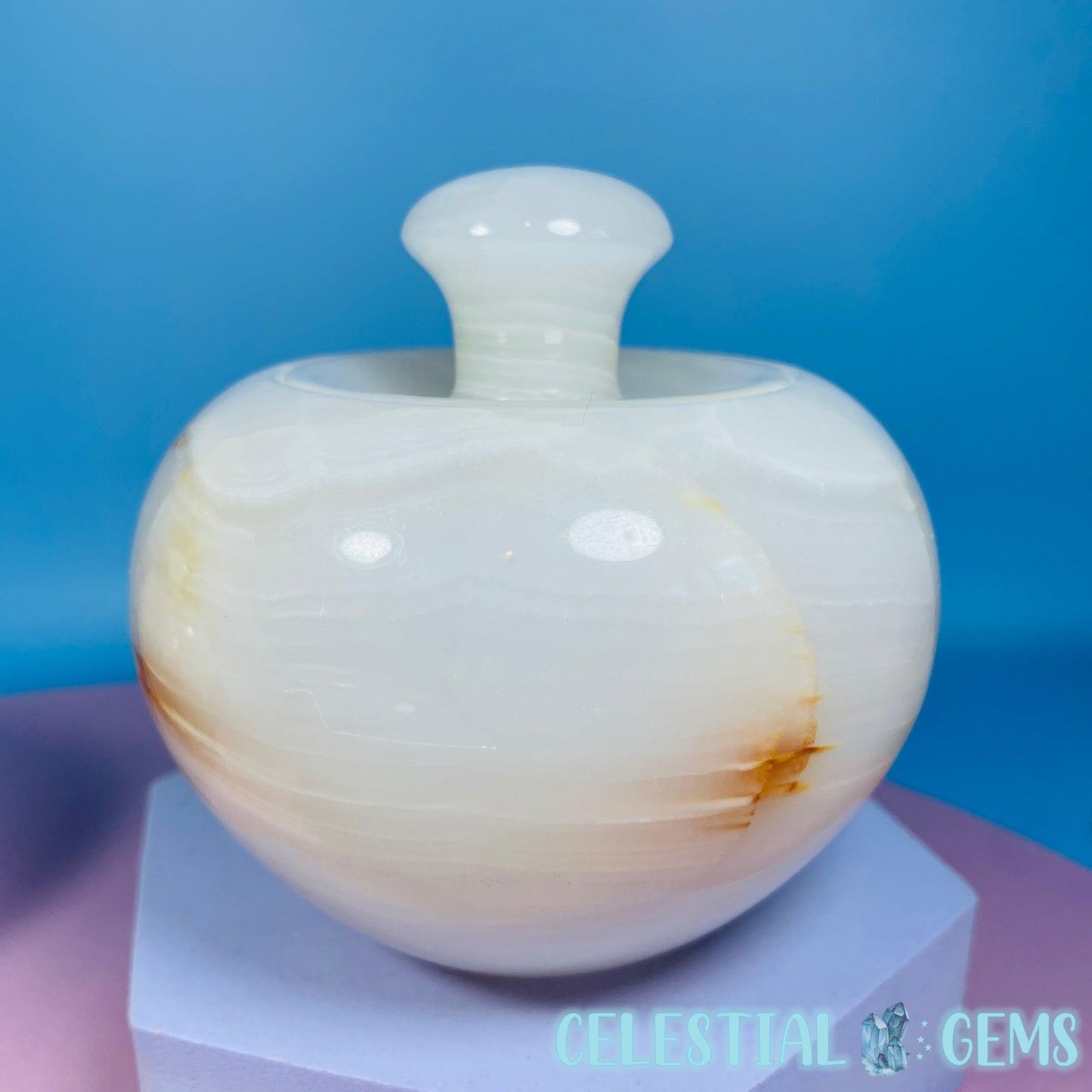 Banded White Calcite 'Apple' Candy Jar with Lid