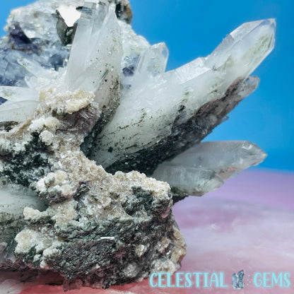 RARE Yaogangxian Colour-Zoned Fluorite, Mica + Pyrite on Chlorite Quartz Medium Cluster Specimen