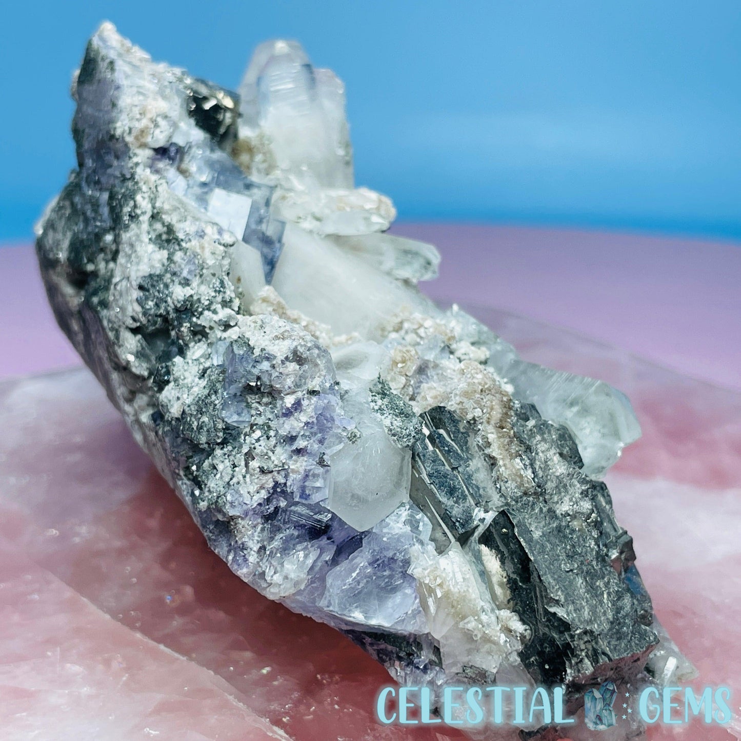 RARE Yaogangxian Colour-Zoned Fluorite, Mica + Pyrite on Chlorite Quartz Medium Cluster Specimen