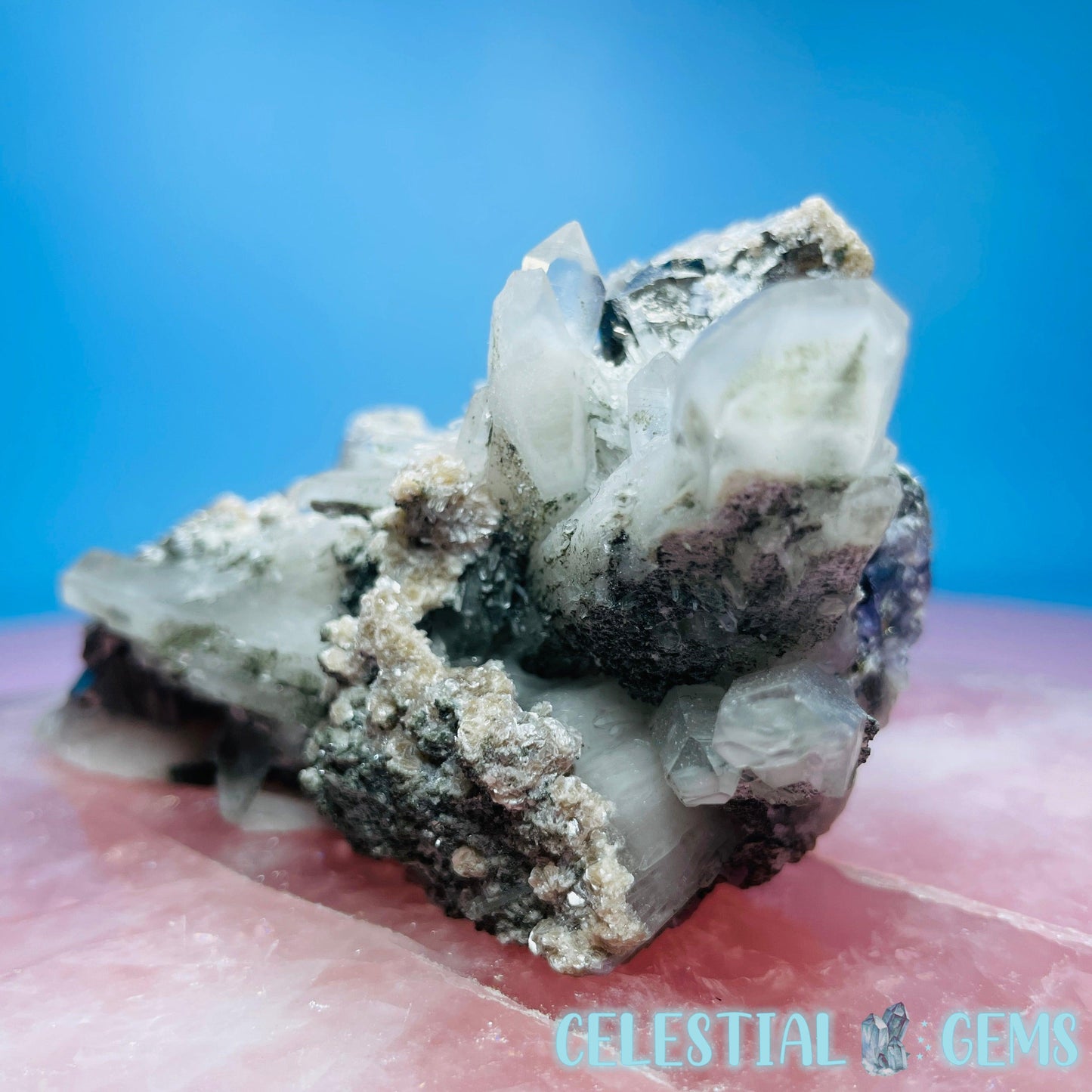 RARE Yaogangxian Colour-Zoned Fluorite, Mica + Pyrite on Chlorite Quartz Medium Cluster Specimen