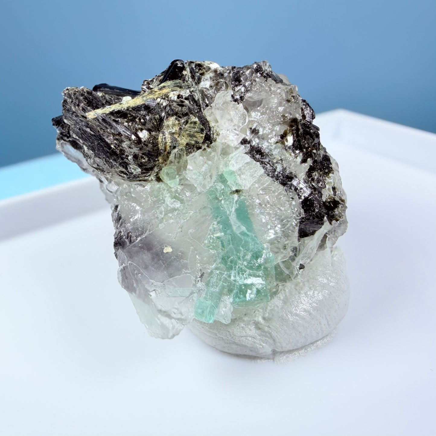 Rare Emerald in Quartz with Tourmaline Crystal Specimen in Box, Zambia