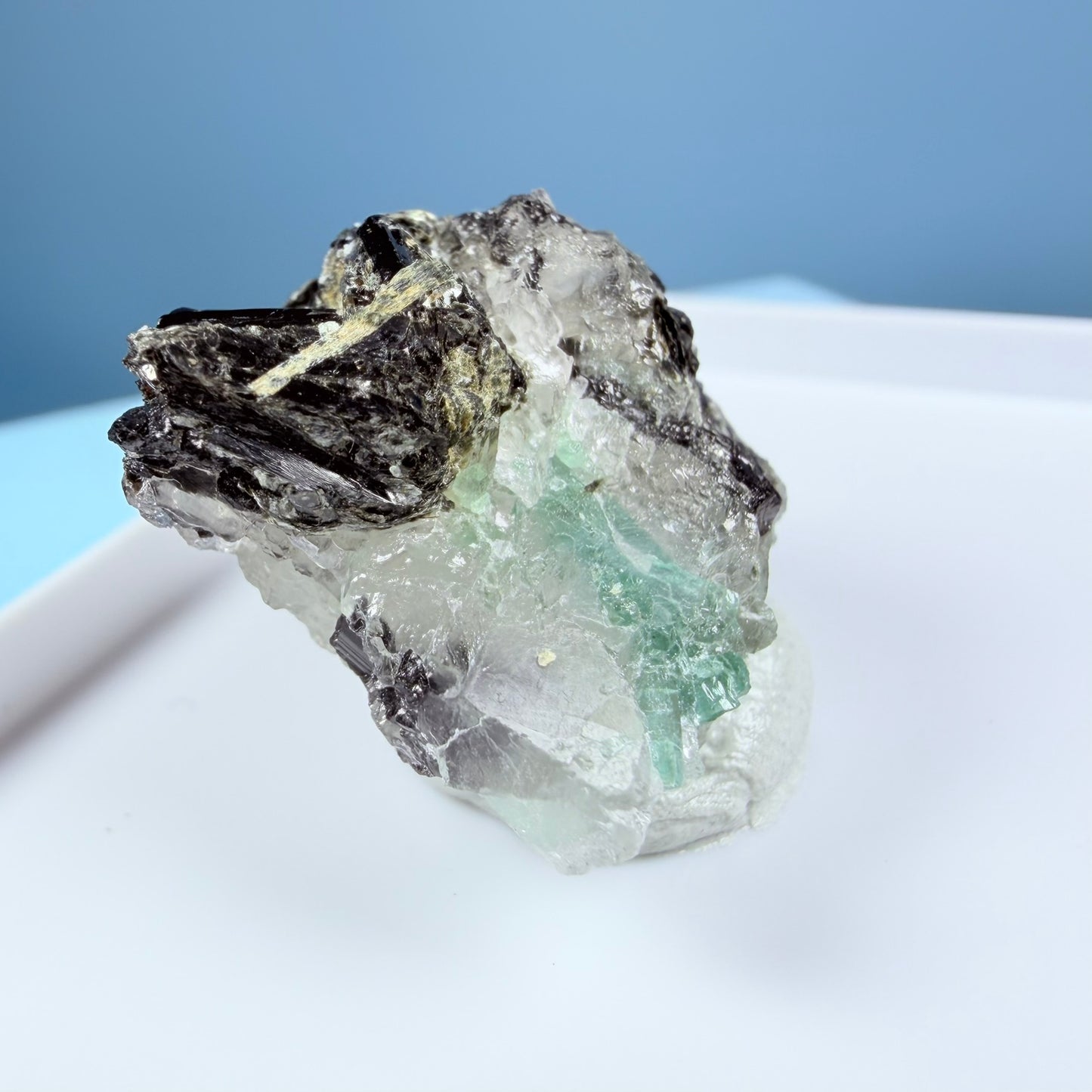 Rare Emerald in Quartz with Tourmaline Crystal Specimen in Box, Zambia