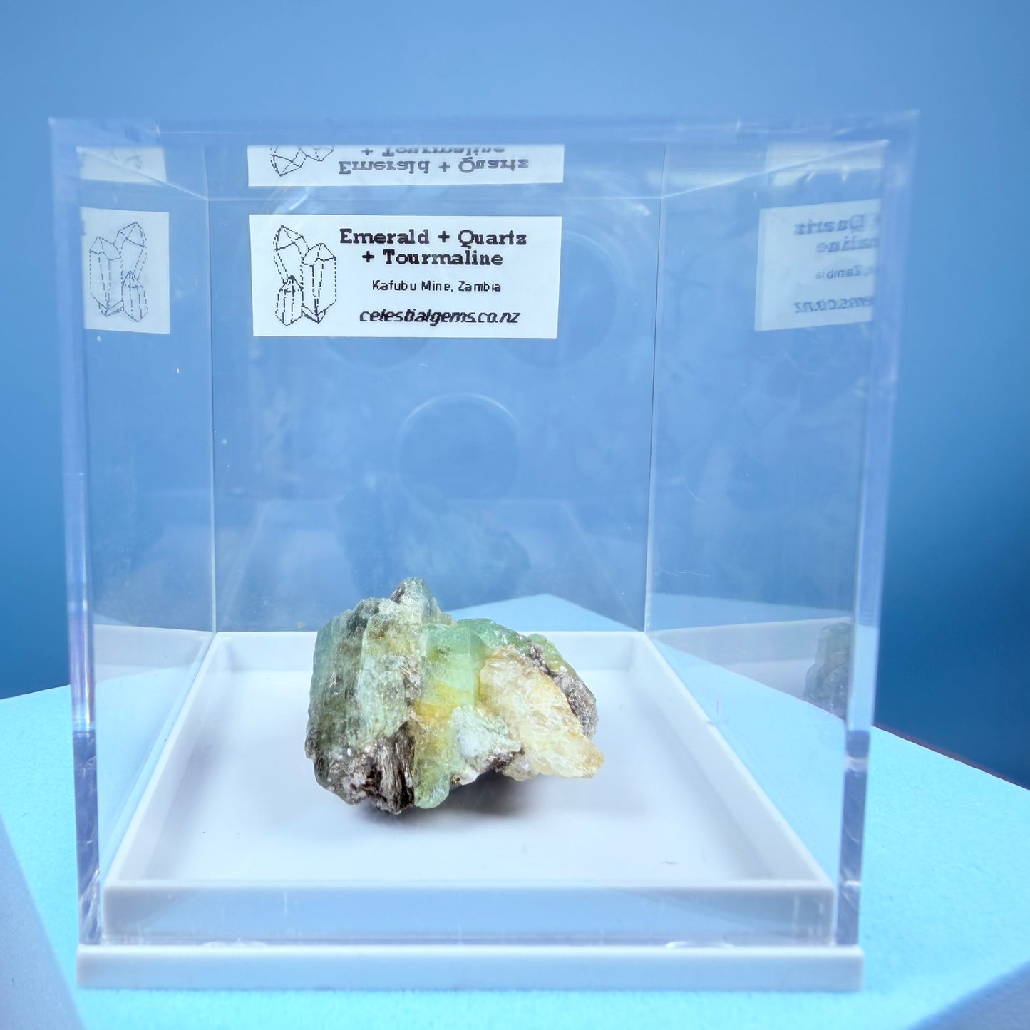 Rare Emerald, Quartz + Tourmaline Crystal Specimen in Box, Zambia