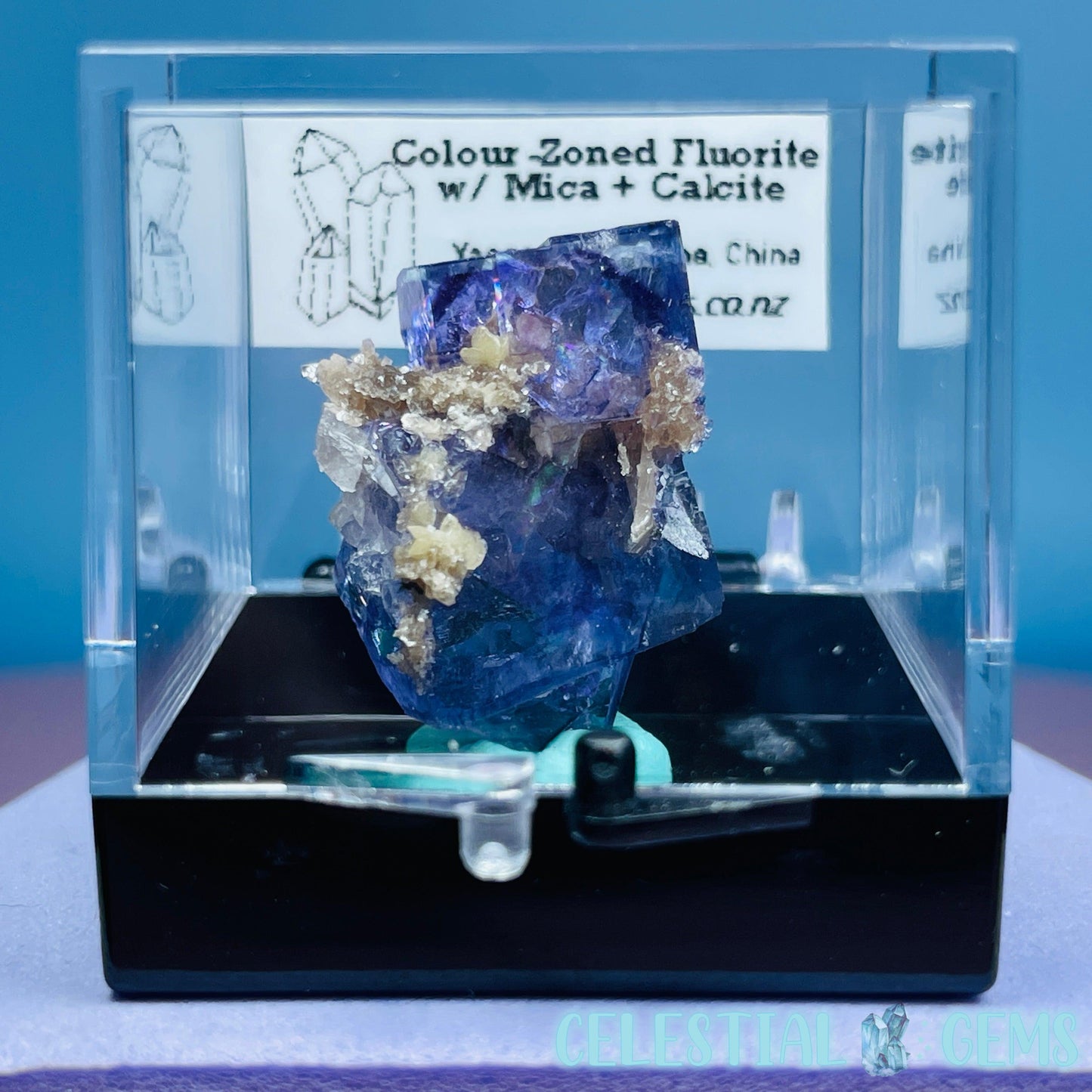 RARE Yaogangxian Colour-Zoned Fluorite with Mica + Calcite Mini Cluster Specimen