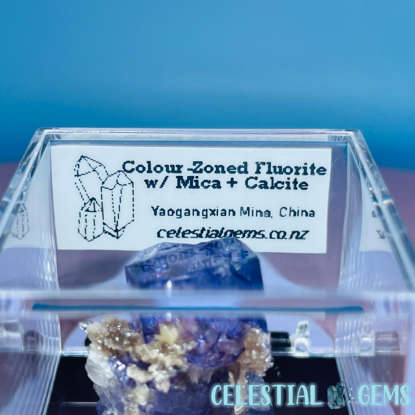 RARE Yaogangxian Colour-Zoned Fluorite with Mica + Calcite Mini Cluster Specimen