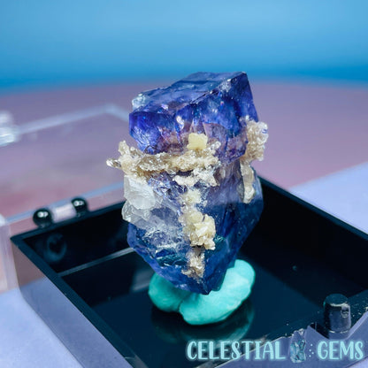 RARE Yaogangxian Colour-Zoned Fluorite with Mica + Calcite Mini Cluster Specimen