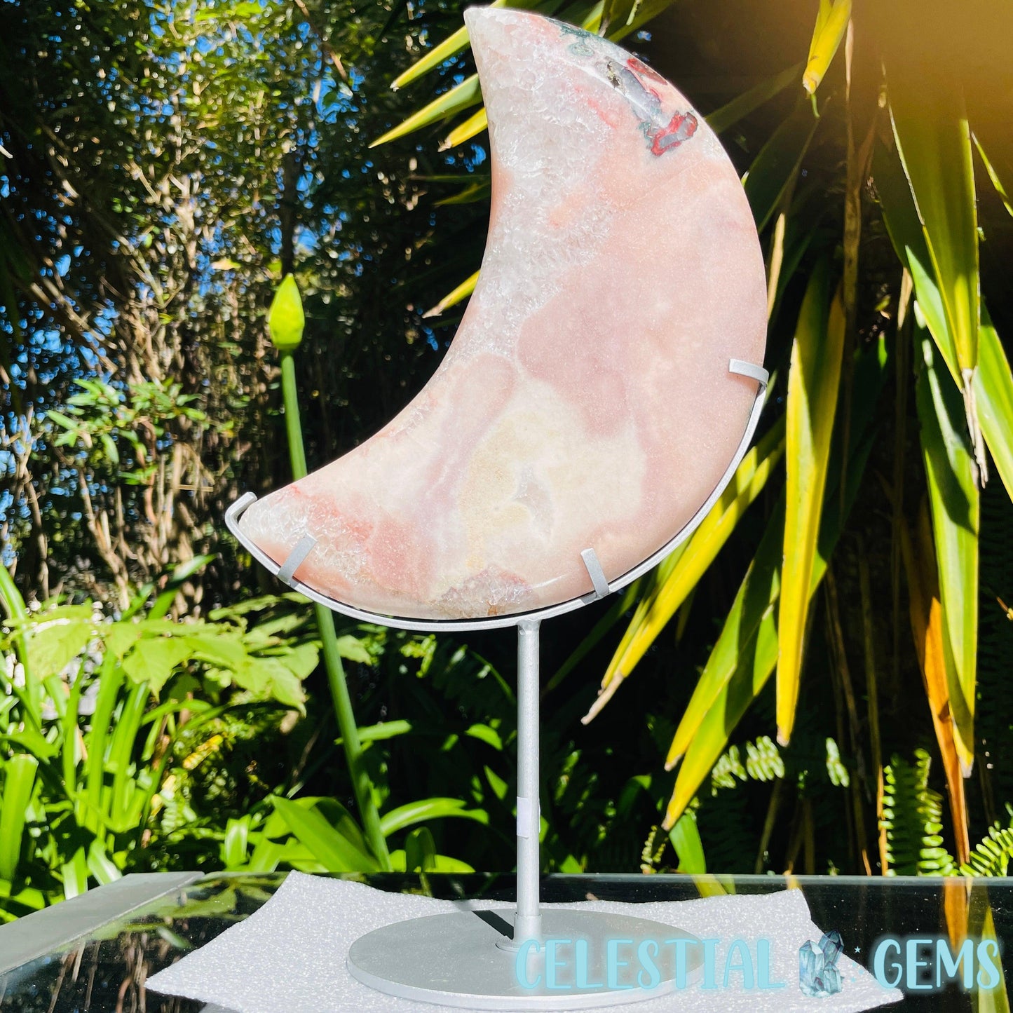 Pink Amethyst + Quartz XL Crescent Moon Carving on Stand