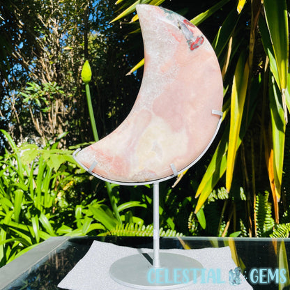 Pink Amethyst + Quartz XL Crescent Moon Carving on Stand