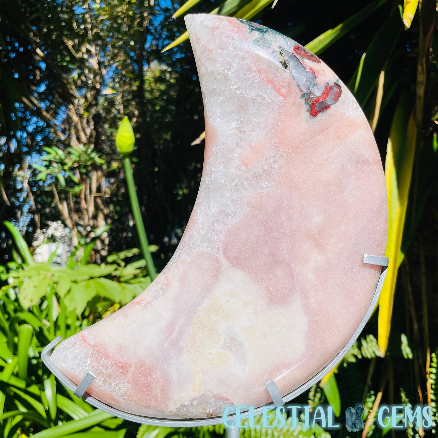 Pink Amethyst + Quartz XL Crescent Moon Carving on Stand