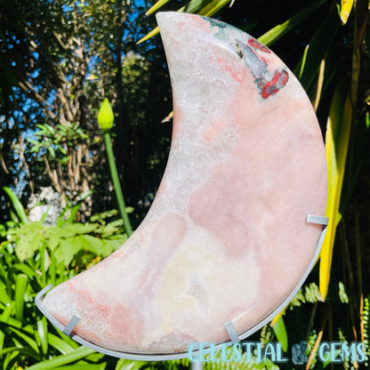 Pink Amethyst + Quartz XL Crescent Moon Carving on Stand