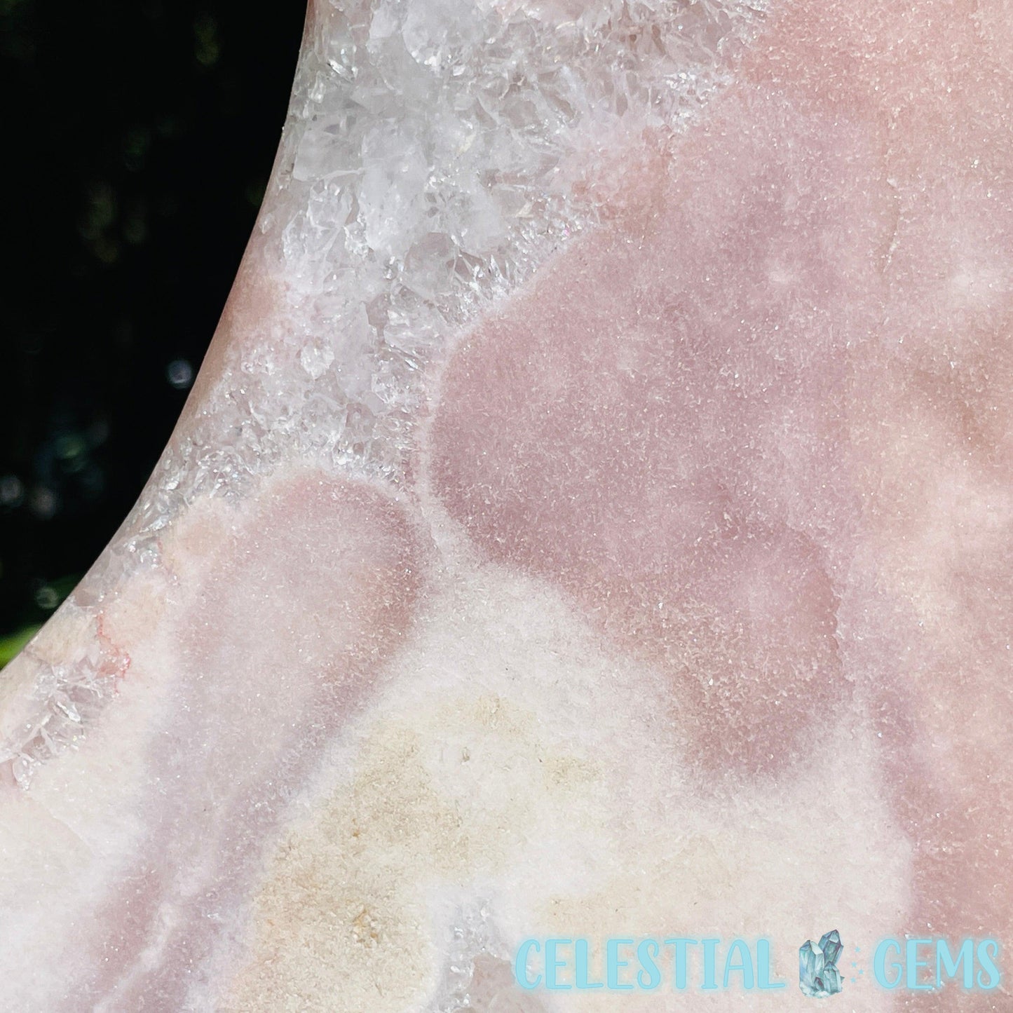 Pink Amethyst + Quartz XL Crescent Moon Carving on Stand