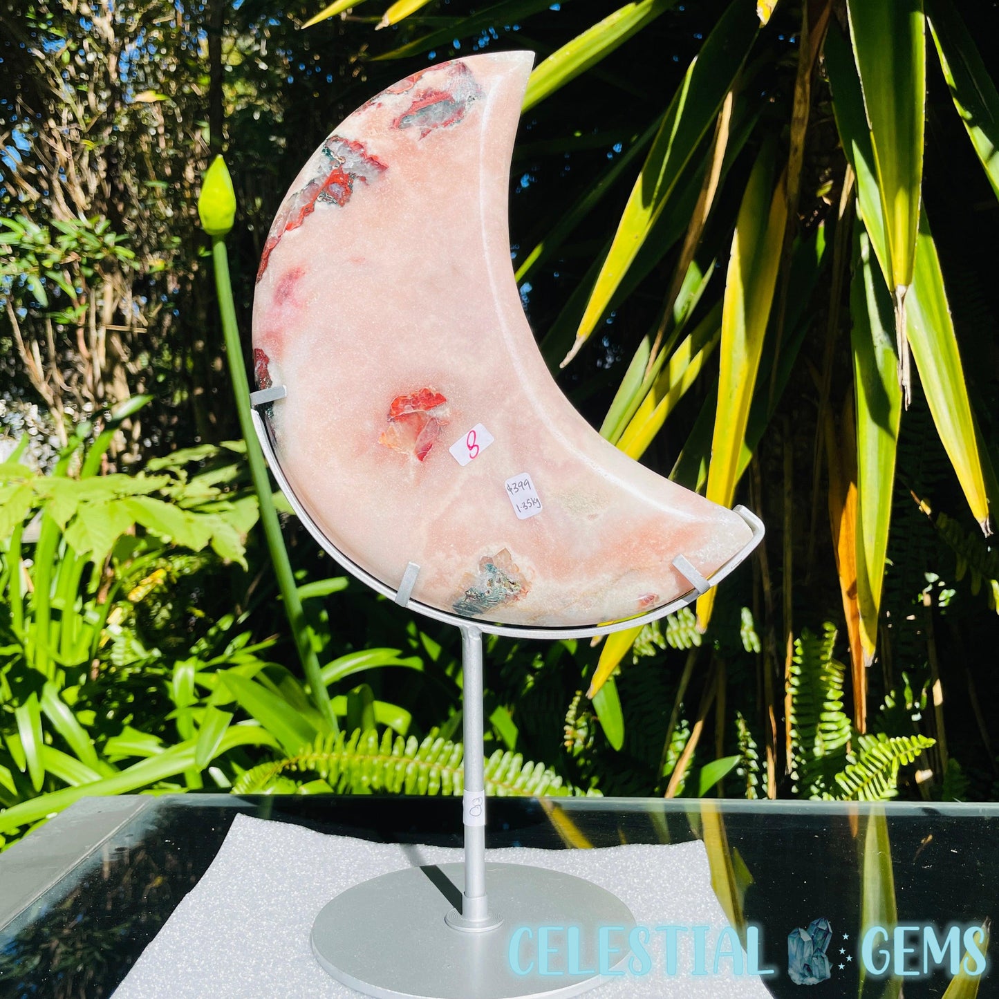 Pink Amethyst + Quartz XL Crescent Moon Carving on Stand