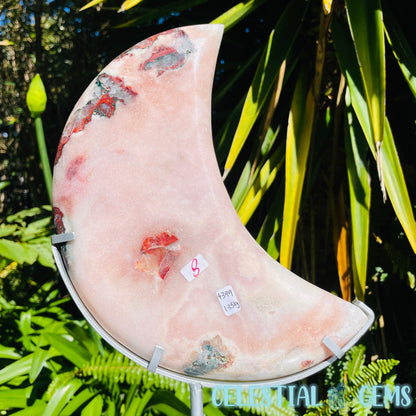 Pink Amethyst + Quartz XL Crescent Moon Carving on Stand