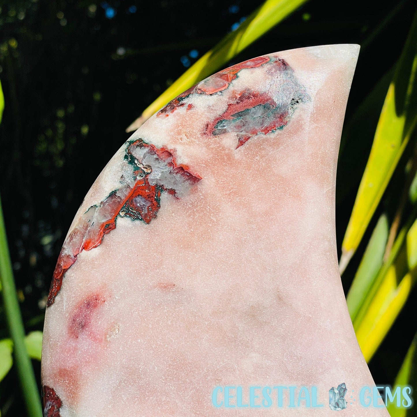 Pink Amethyst + Quartz XL Crescent Moon Carving on Stand