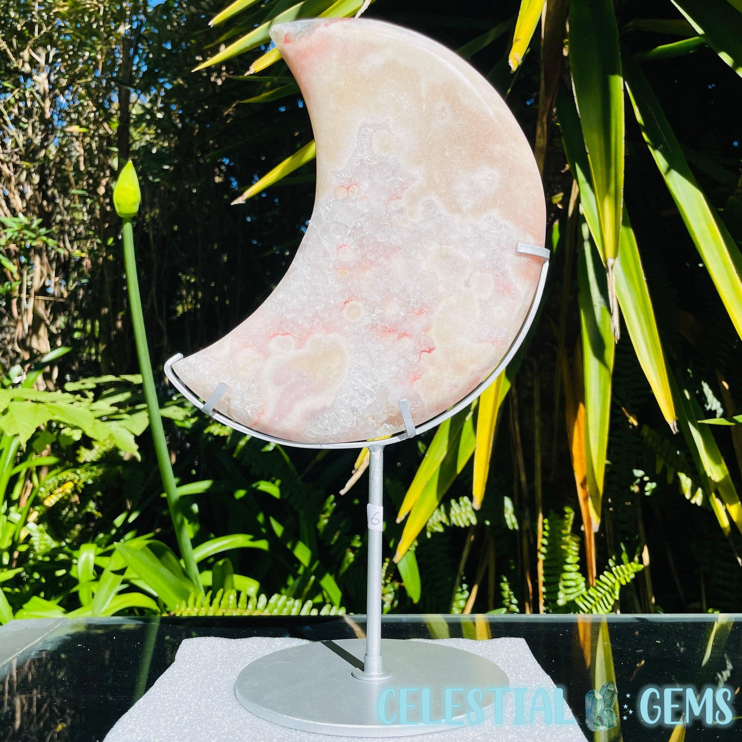 Pink Amethyst + Quartz XL Crescent Moon Carving on Stand