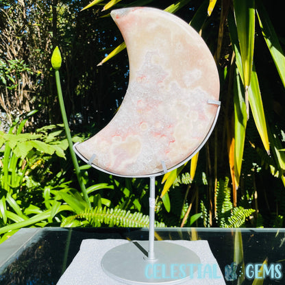 Pink Amethyst + Quartz XL Crescent Moon Carving on Stand