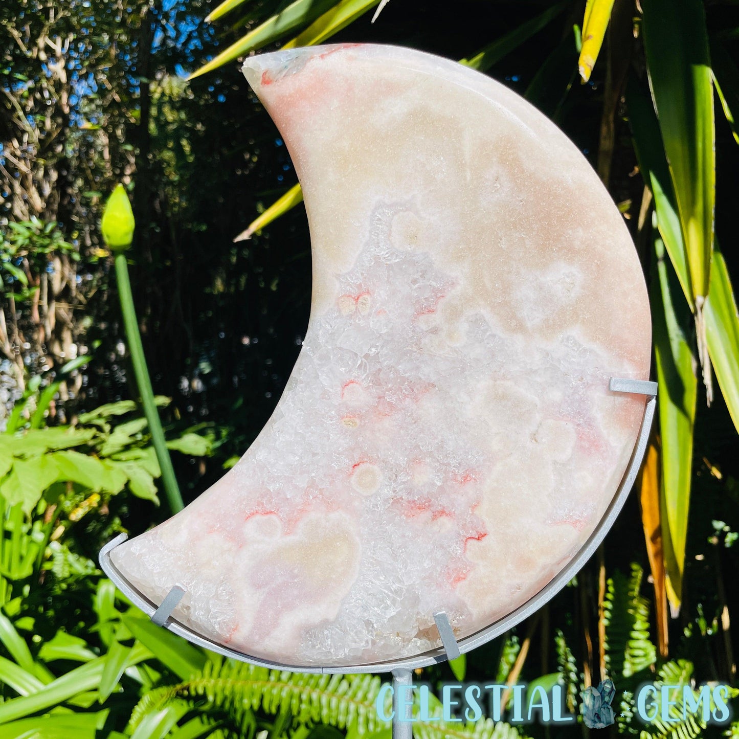 Pink Amethyst + Quartz XL Crescent Moon Carving on Stand