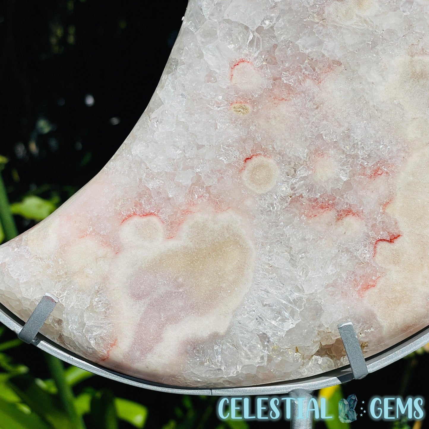 Pink Amethyst + Quartz XL Crescent Moon Carving on Stand