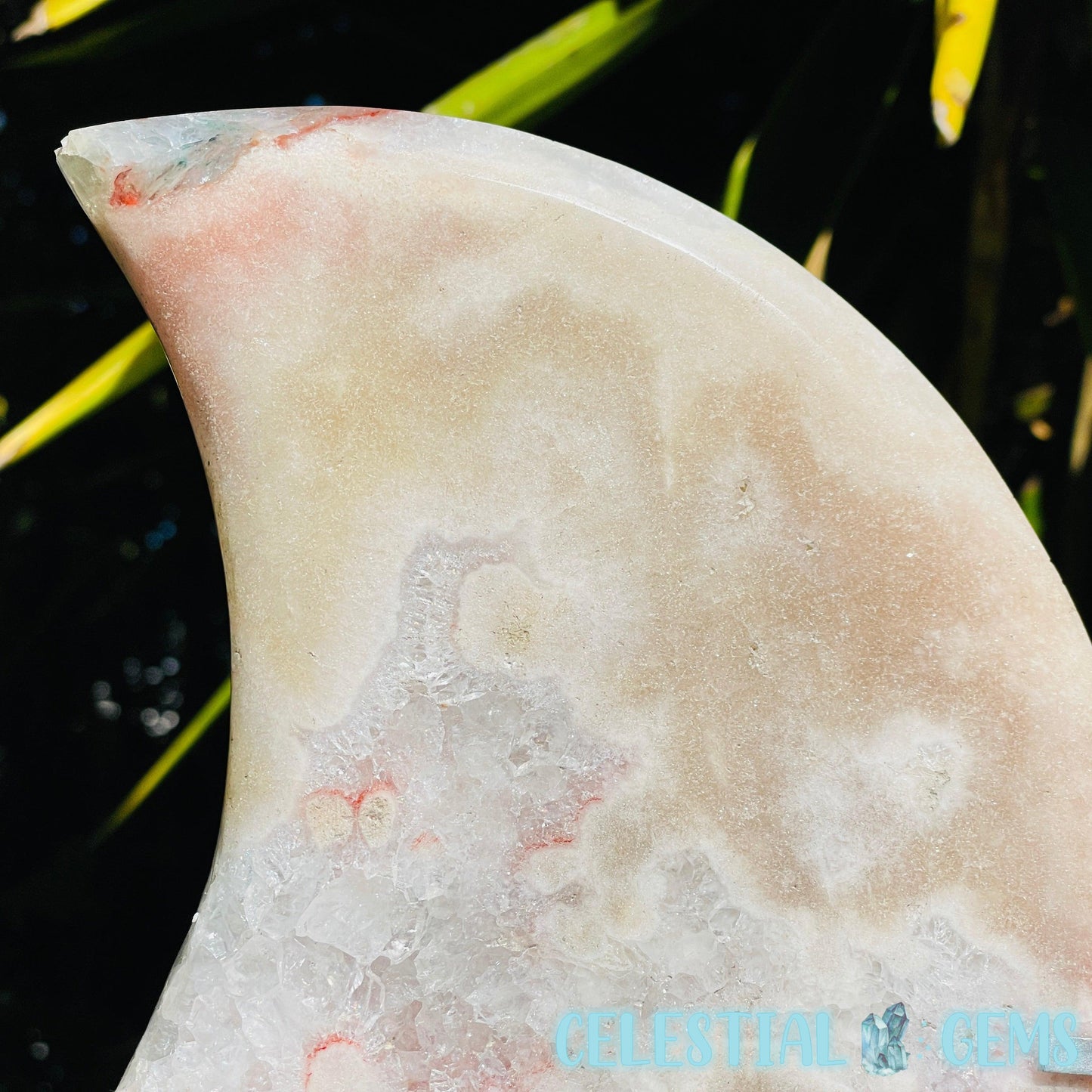 Pink Amethyst + Quartz XL Crescent Moon Carving on Stand