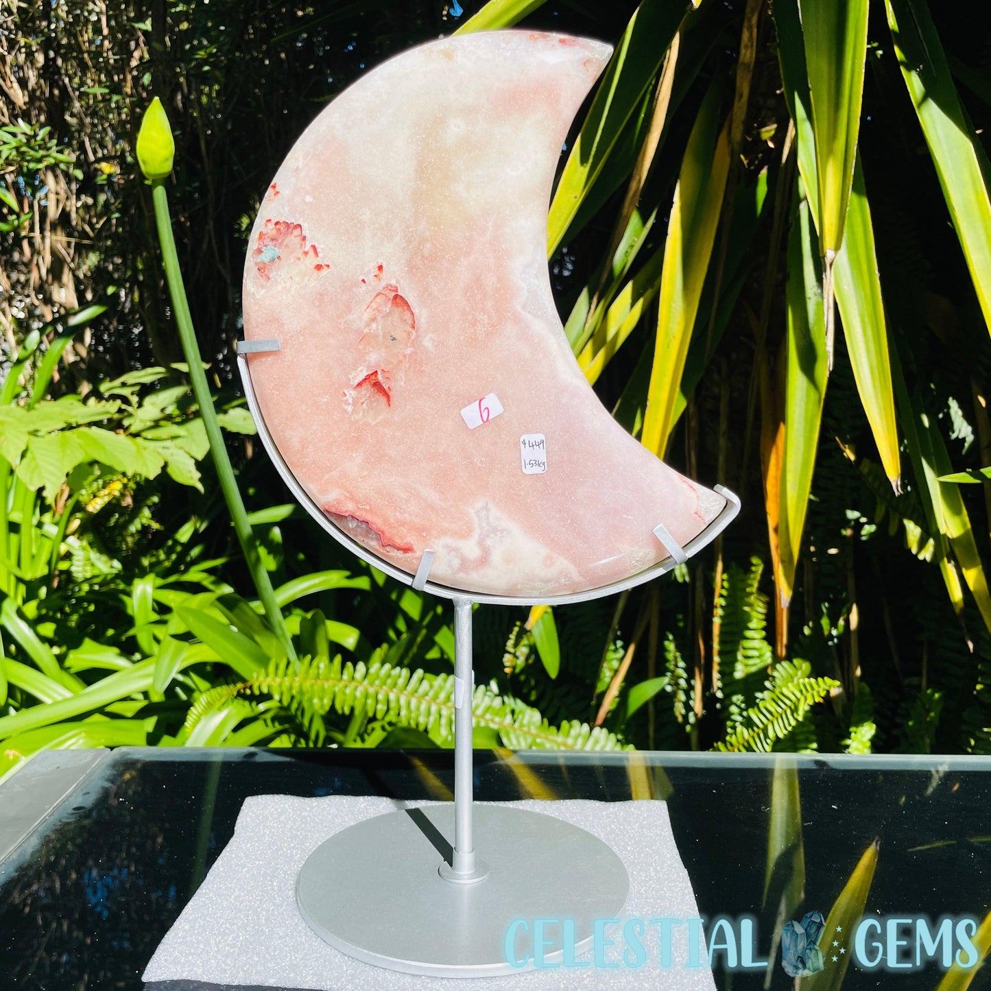 Pink Amethyst + Quartz XL Crescent Moon Carving on Stand