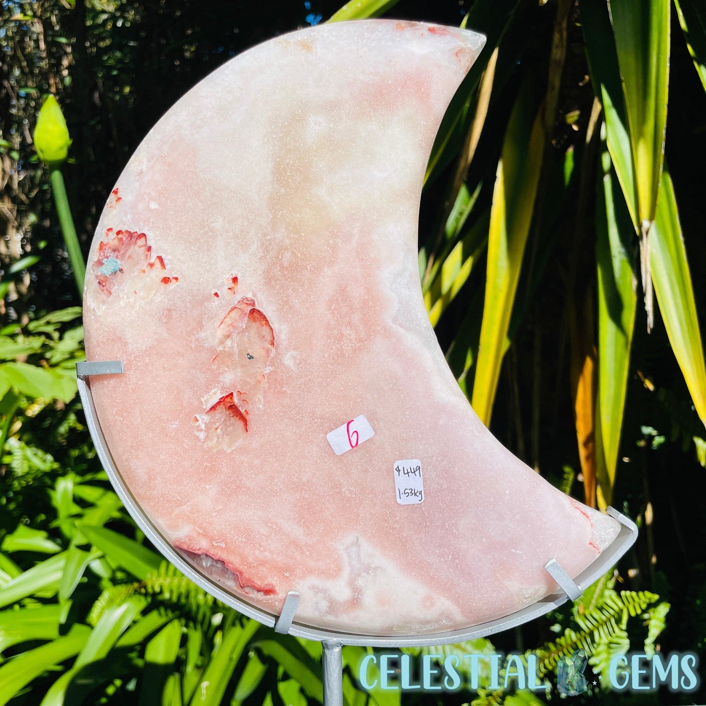 Pink Amethyst + Quartz XL Crescent Moon Carving on Stand