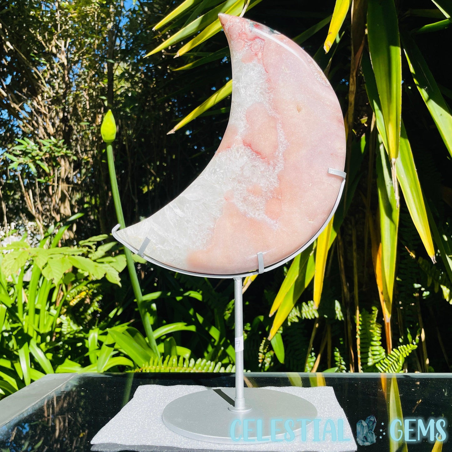 Pink Amethyst + Quartz XL Crescent Moon Carving on Stand