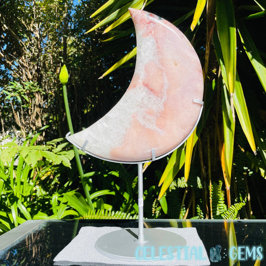Pink Amethyst + Quartz XL Crescent Moon Carving on Stand