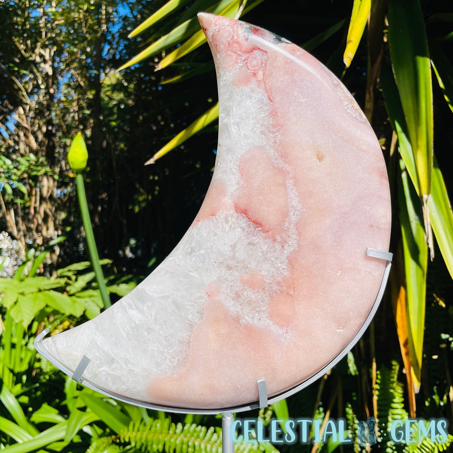 Pink Amethyst + Quartz XL Crescent Moon Carving on Stand