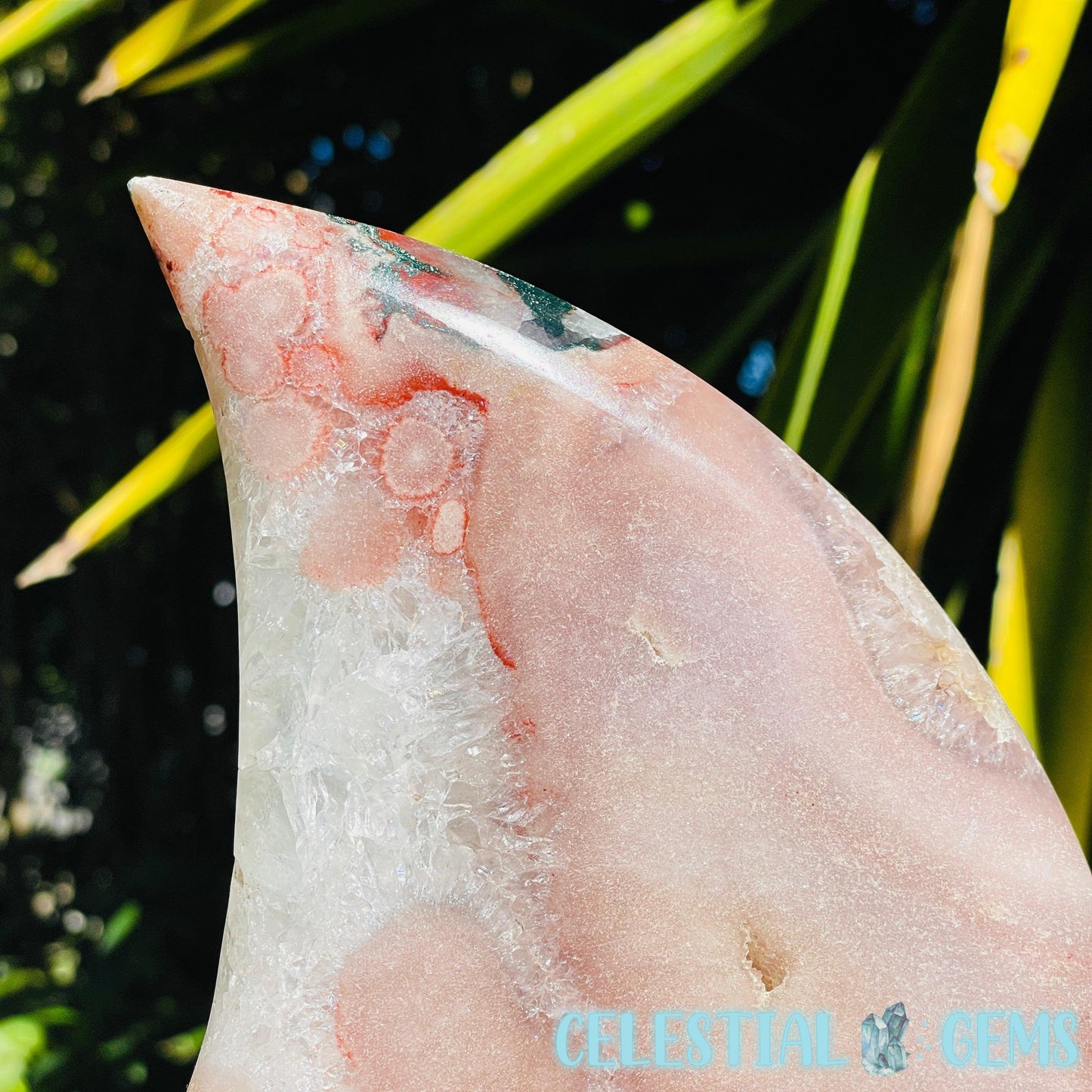 Pink Amethyst + Quartz XL Crescent Moon Carving on Stand