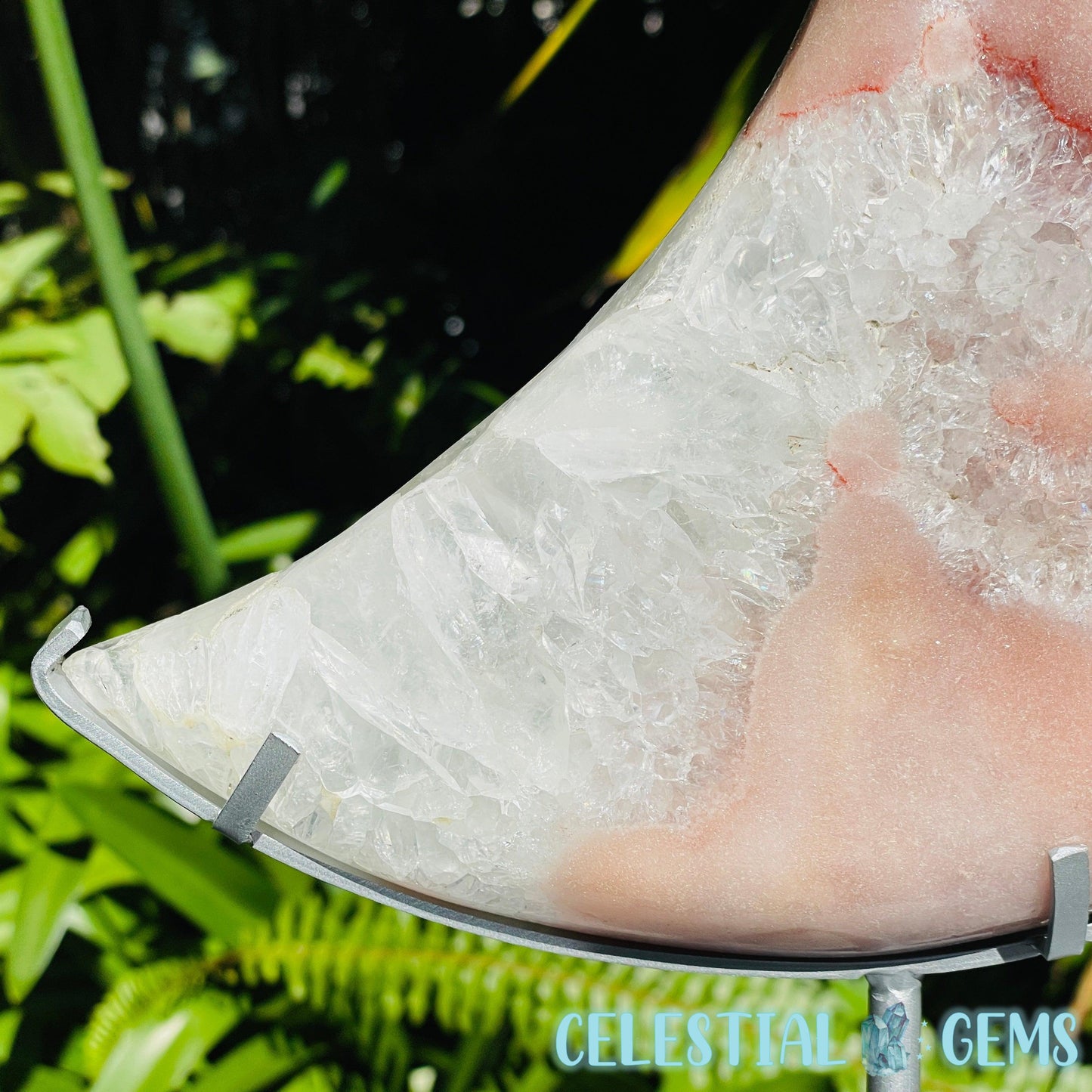 Pink Amethyst + Quartz XL Crescent Moon Carving on Stand