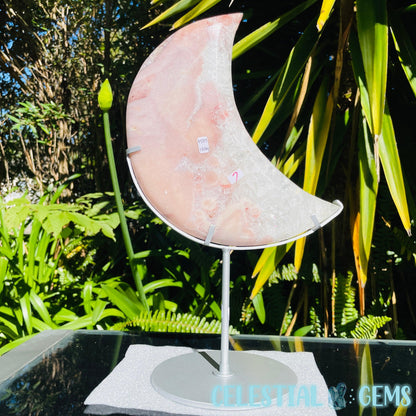 Pink Amethyst + Quartz XL Crescent Moon Carving on Stand