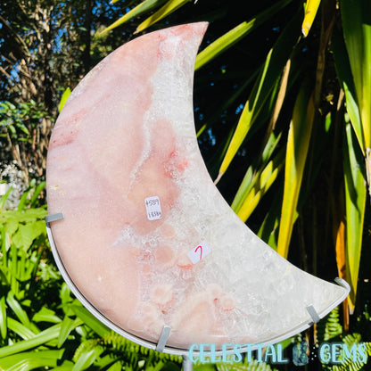 Pink Amethyst + Quartz XL Crescent Moon Carving on Stand