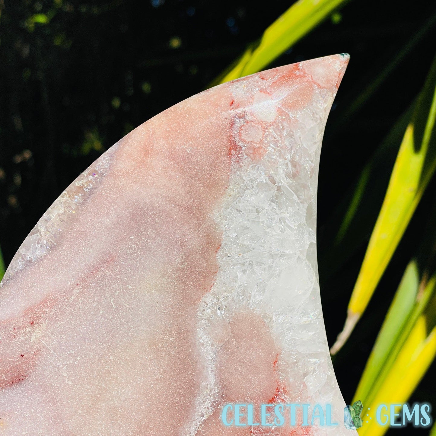 Pink Amethyst + Quartz XL Crescent Moon Carving on Stand