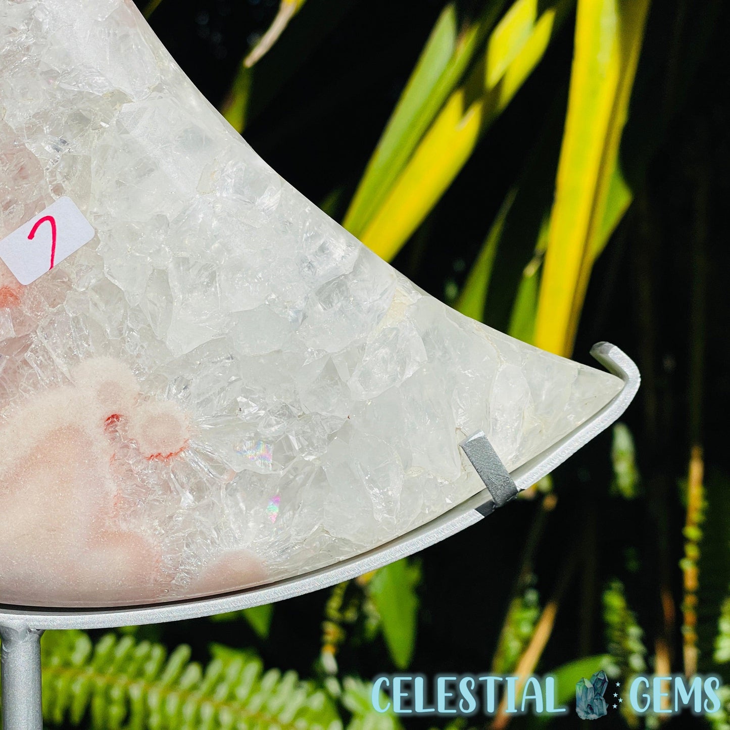 Pink Amethyst + Quartz XL Crescent Moon Carving on Stand